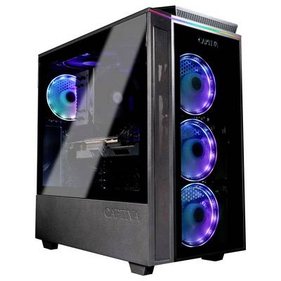 Une tour PC gaming noire avec panneau latéral transparent, illuminée par des lumières LED bleues et violettes, montrant les composants internes.