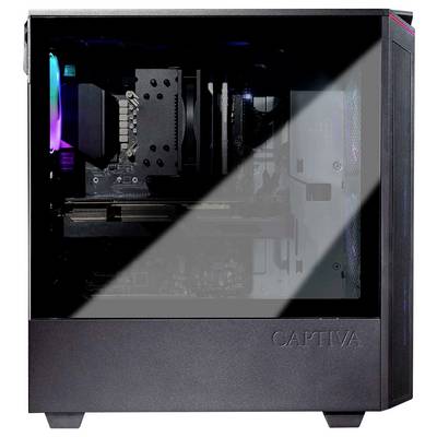 Un élégant ordinateur de bureau pour les jeux vidéo noir avec un panneau latéral transparent montrant les composants internes comme les ventilateurs de refroidissement et l'éclairage RGB.