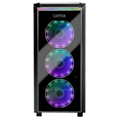 Une tour d'ordinateur noire avec trois ventilateurs RGB brillants visibles à travers un panneau frontal transparent, portant l'étiquette « CAPTIVA » en haut.