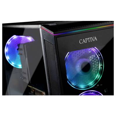 Une tour informatique de jeu avec des ventilateurs LED colorés et « CAPTIVA » sur le panneau avant, mettant en avant un design élégant et moderne.