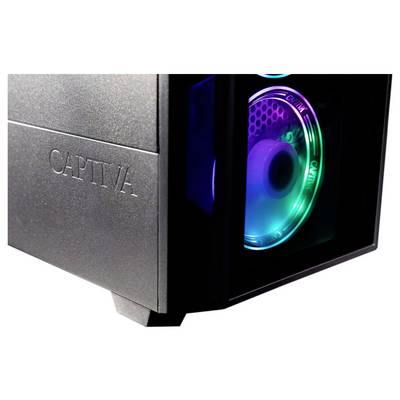Une tour informatique noire avec la marque « CAPTIVA » gravée sur le côté. À l'intérieur, un ventilateur de refroidissement émet des lumières LED colorées dans les teintes de bleu et de vert.