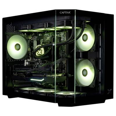 PC de jeu moderne avec un boîtier transparent, présentant des composants internes luminescents verts et plusieurs ventilateurs de refroidissement.