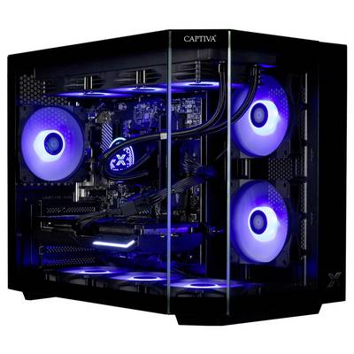 Une tour d'ordinateur de bureau avec des panneaux transparents, affichant les composants internes illuminés, y compris plusieurs ventilateurs brillant d'une lumière bleue.