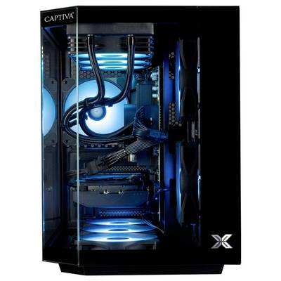 Un PC de jeu avec des composants internes illuminés dotés de lumières LED bleues, des ventilateurs de refroidissement visibles et un panneau latéral transparent.