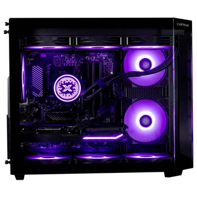 Un ordinateur de bureau de jeu avec un éclairage LED violet, mettant en évidence des composants tels que des ventilateurs, une carte graphique et un refroidisseur liquide à l'intérieur d'un boîtier en verre.