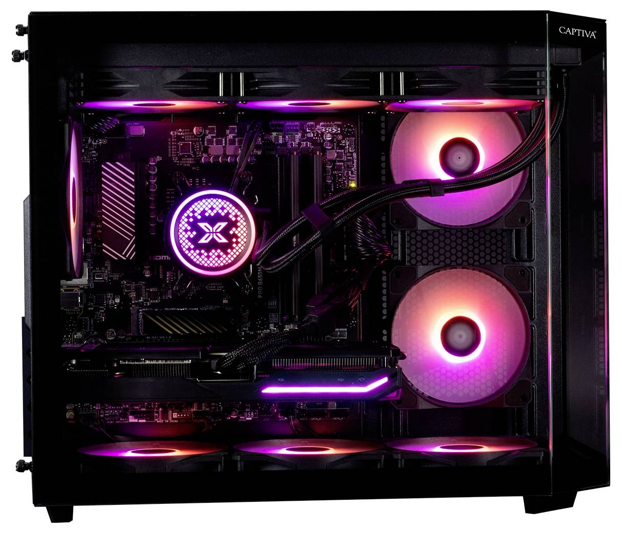 Un PC de jeu avec éclairage RGB disposant de plusieurs ventilateurs, d'une carte mère visible et d'une carte graphique. Le boîtier est transparent, mettant en évidence les composants internes.