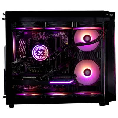 Un PC de jeu avec éclairage RGB disposant de plusieurs ventilateurs, d'une carte mère visible et d'une carte graphique. Le boîtier est transparent, mettant en évidence les composants internes.