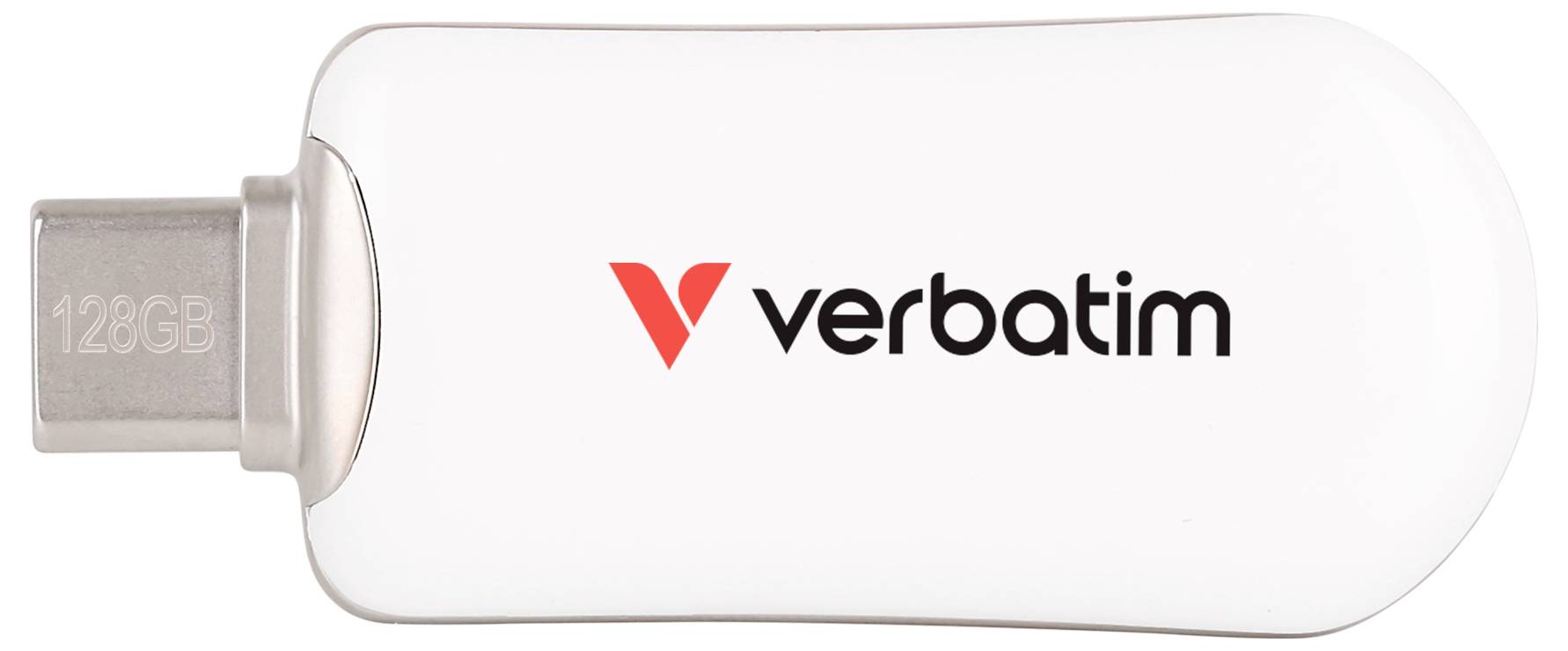 Clé USB Verbatim blanche avec connecteur USB-C, marquée « 128 Go ».