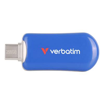 Clé USB Blue Verbatim 256 Go avec connecteur argenté présentée sur un fond blanc.