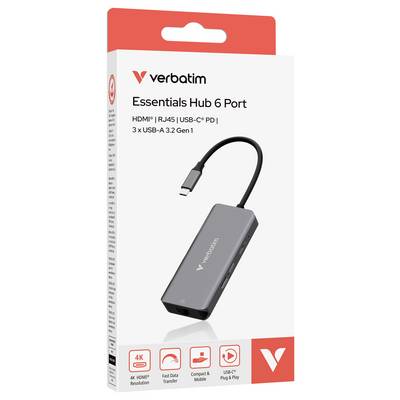 Hub essentiel Verbatim 6 ports USB-C, montrant HDMI, RJ45, USB-C PD, trois ports USB-A, et support HDMI 4K.