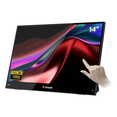 Moniteur portable Verbatim Full HD 14 pouces avec écran tactile et une main tapotant l'affichage ; « 1080p » affiché à l'écran.
