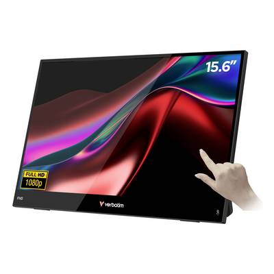 Écran portable Verbatim Full HD 1080p de 15,6 pouces avec une main touchant l'écran, présenté en noir avec des graphiques d'affichage abstraits colorés.