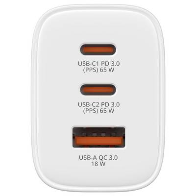Chargeur mural blanc avec deux ports USB-C étiquetés « USB-C1 PD 3.0 (PPS) 65 W » et « USB-C2 PD 3.0 (PPS) 65 W », plus un port USB-A OC 3.0 18 W.