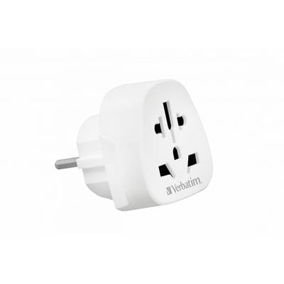 Adaptateur de prise Verbatim blanc avec deux broches rondes, présenté sur un fond blanc uni.
