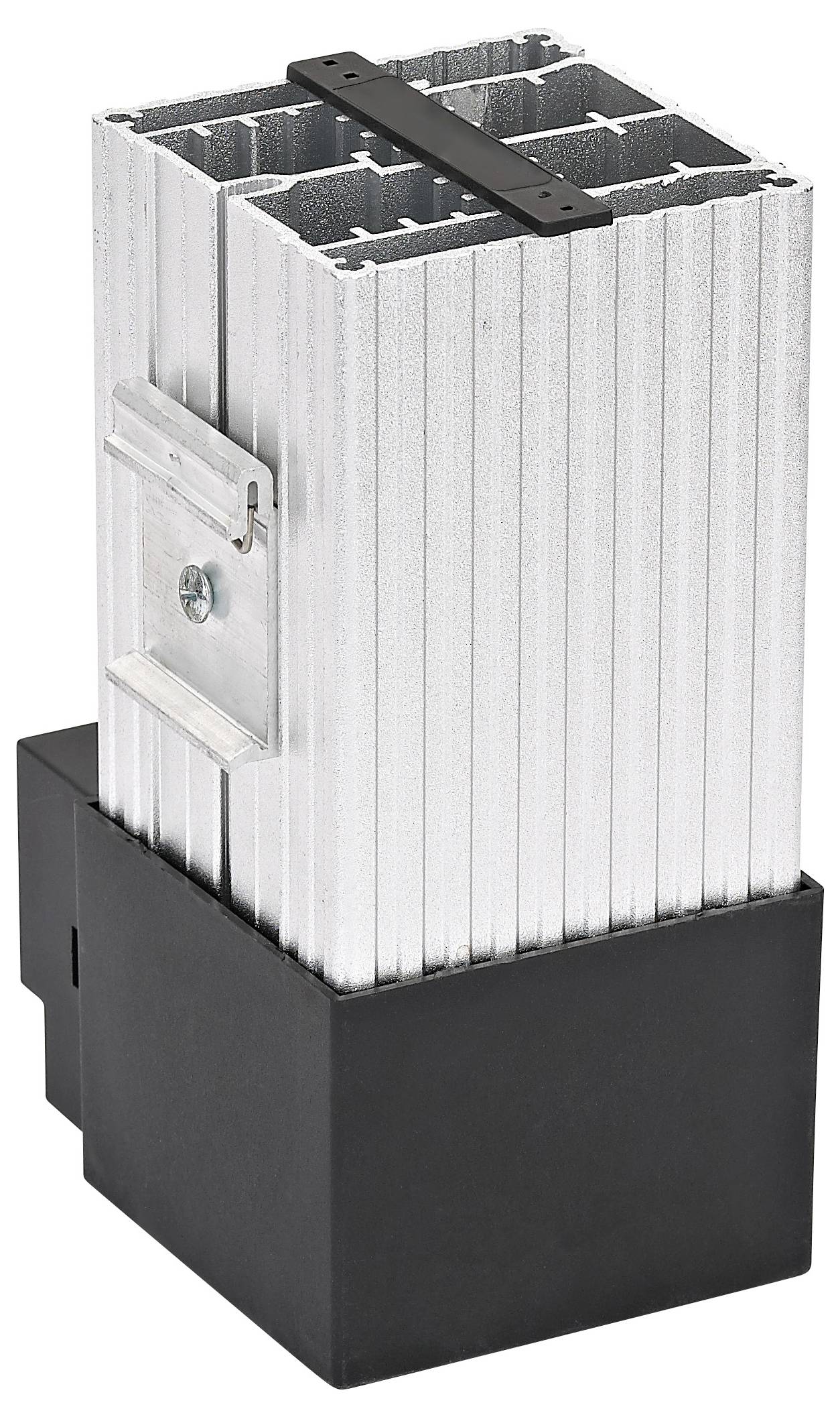 Boîtier ou enceinte électrique en métal à nervures blanches avec base noire et support supérieur, montré isolé sur fond blanc.