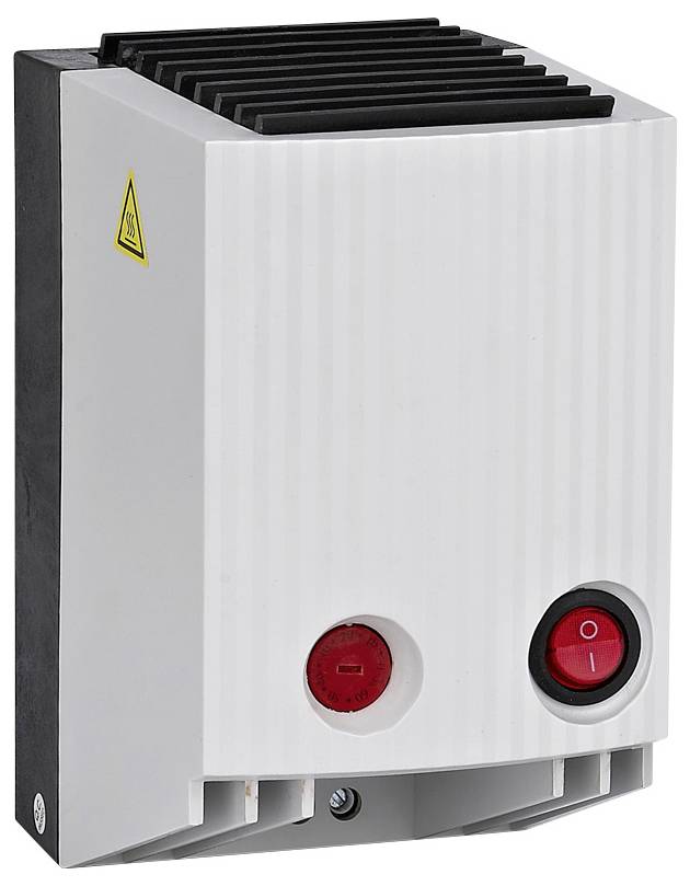 Boîtier électrique blanc et noir avec ailettes de refroidissement, un symbole d'avertissement jaune, et deux commandes frontales rouges : voyant indicateur et interrupteur d'alimentation.