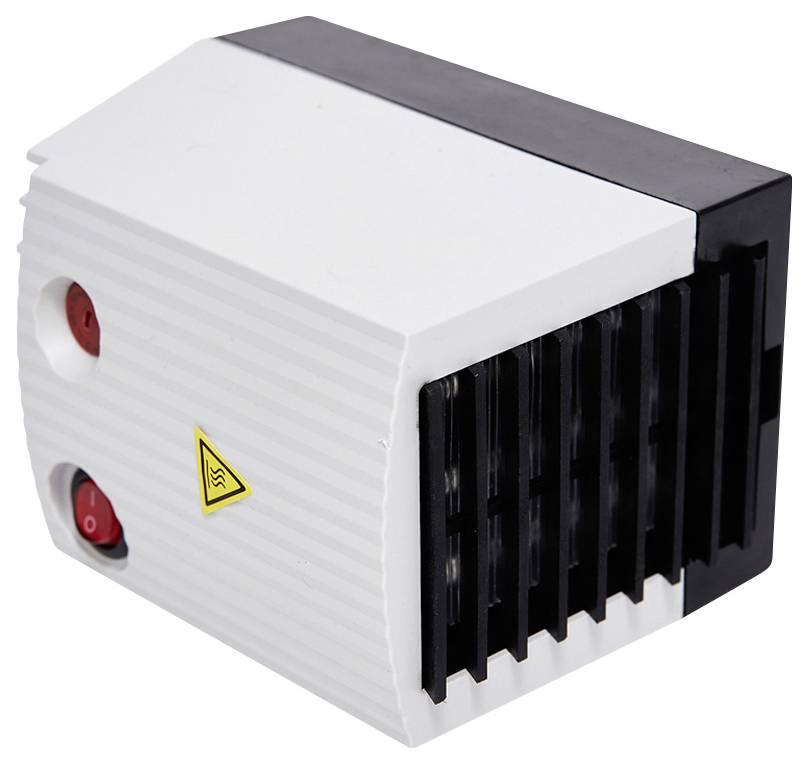 Unité de refroidissement électronique blanche avec ailettes de dissipateur thermique noir et deux boutons-poussoirs rouges sur le devant.