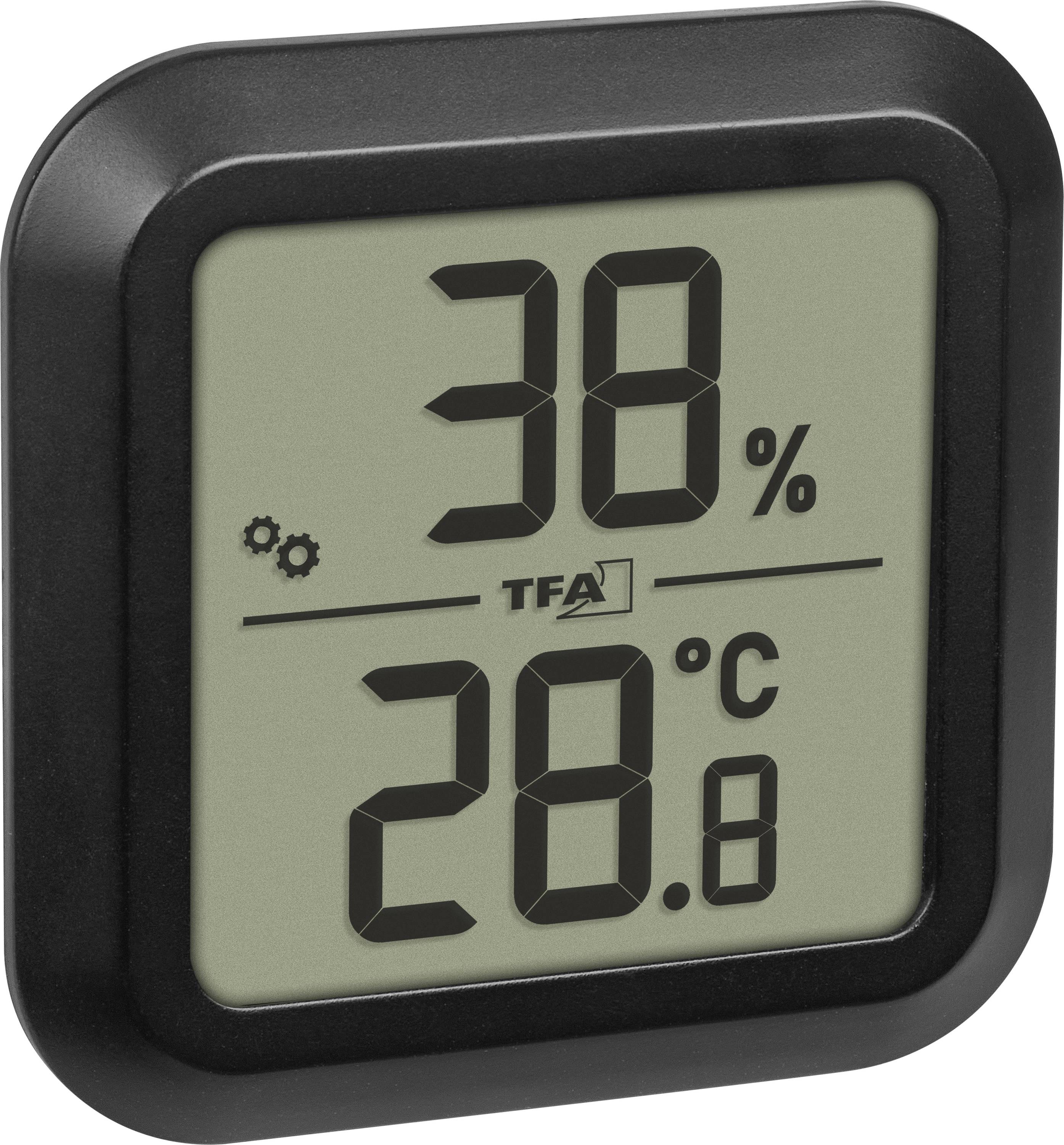 Affichage numérique montrant l'humidité à 38 % et la température à 28,8 °C avec un cadre noir simple.