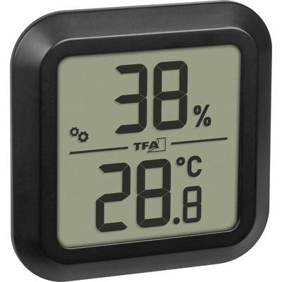 Affichage numérique montrant l'humidité à 38 % et la température à 28,8 °C avec un cadre noir simple.