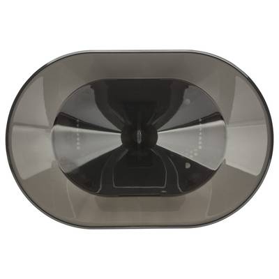 Un objet de forme ovale gris foncé, lisse, avec une surface réfléchissante, ressemblant à un bol peu profond ou un plat vu de dessus.