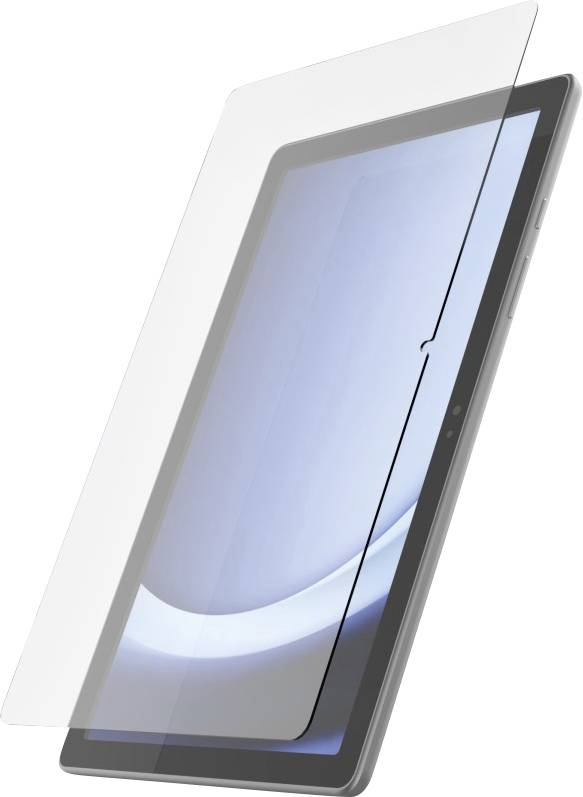 Un protecteur d'écran fin et transparent est montré partiellement appliqué sur l'avant d'une tablette, démontrant sa couverture et son ajustement.