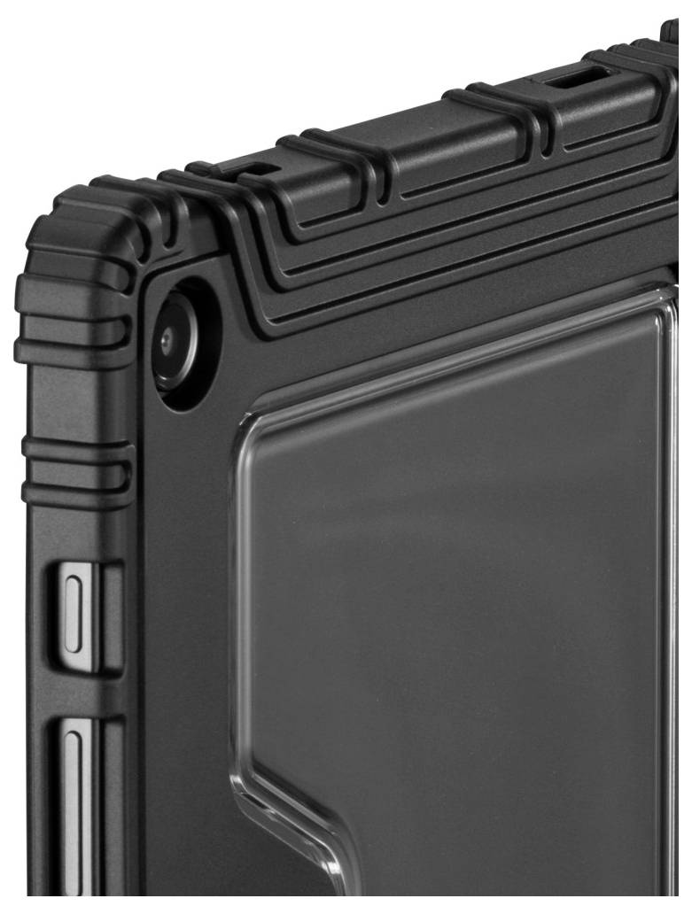 Un étui de téléphone noir robuste avec des bords renforcés et un panneau arrière transparent, doté d'un bouton latéral et d'une découpe pour la caméra.