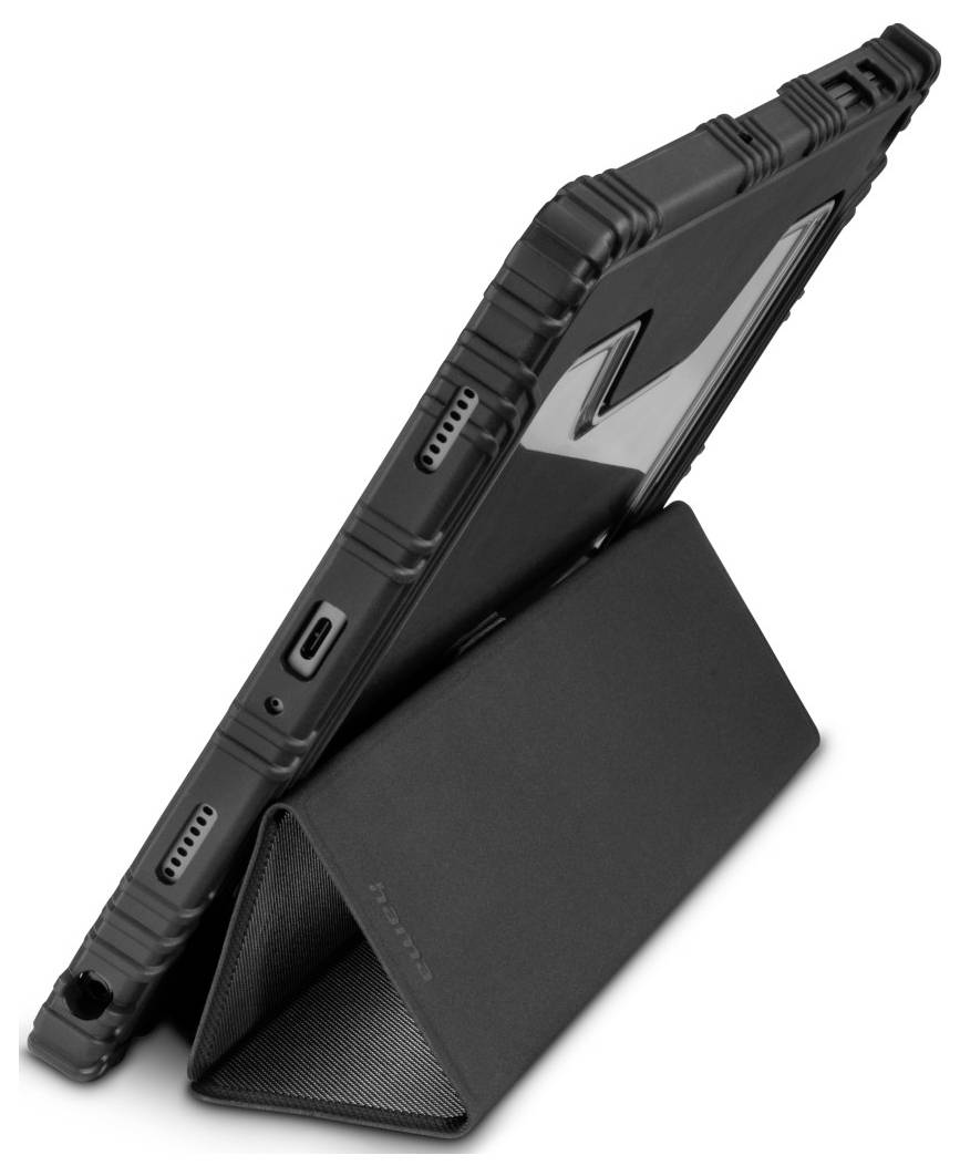 Une tablette dans un étui de protection robuste est appuyée sur un support folio, montrant les ports et boutons sur le côté, vue de l'arrière.