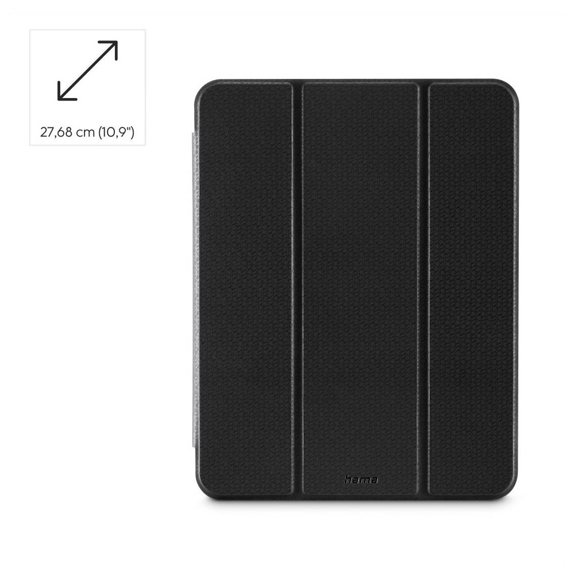 Housse de tablette noire avec rabat pliable, taille indiquée 27,68 cm (10,9").
