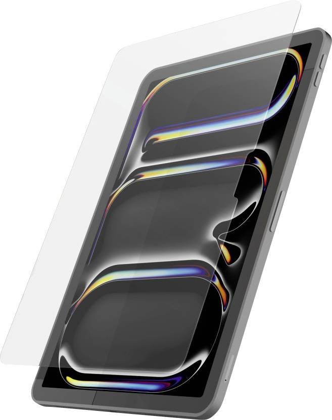 Une tablette avec un protecteur d'écran semi-transparent recouvrant partiellement sa surface, affichant un motif abstrait coloré sur l'écran.