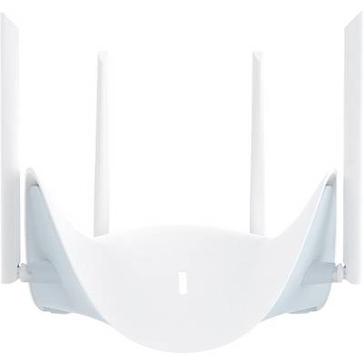 Un routeur Wi-Fi blanc avec quatre antennes dressées, conçu pour une connectivité Internet plus rapide et une meilleure portée sans fil.