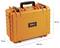 Un étui de protection orange avec poignée, mesurant 47 cm de haut, 36,5 cm de large et 19 cm de profondeur, utilisé pour le stockage sécurisé d'équipements.