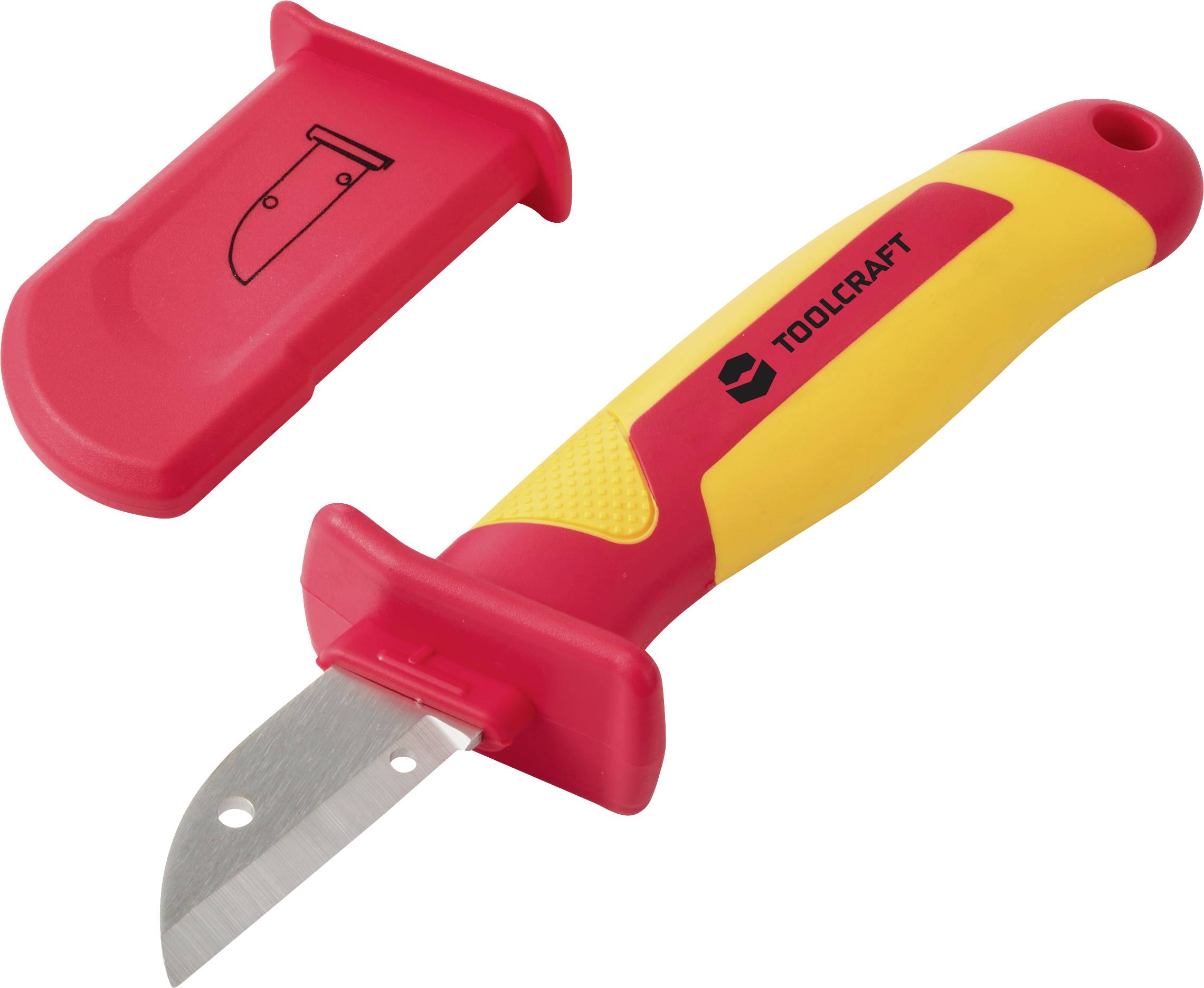Couteau utilitaire isolé rouge et jaune avec lame étendue et un capuchon de protection de lame à côté.