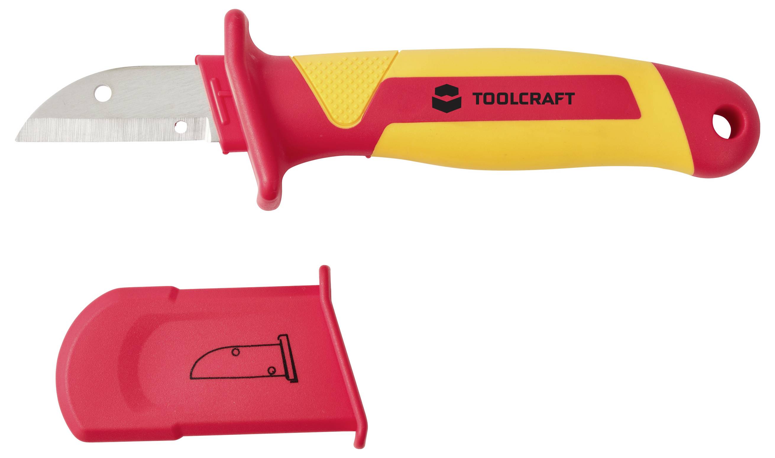 Couteau utilitaire rétractable TOOLCRAFT rouge et jaune avec lame exposée, présenté avec son protecteur de lame rouge amovible ci-dessous.