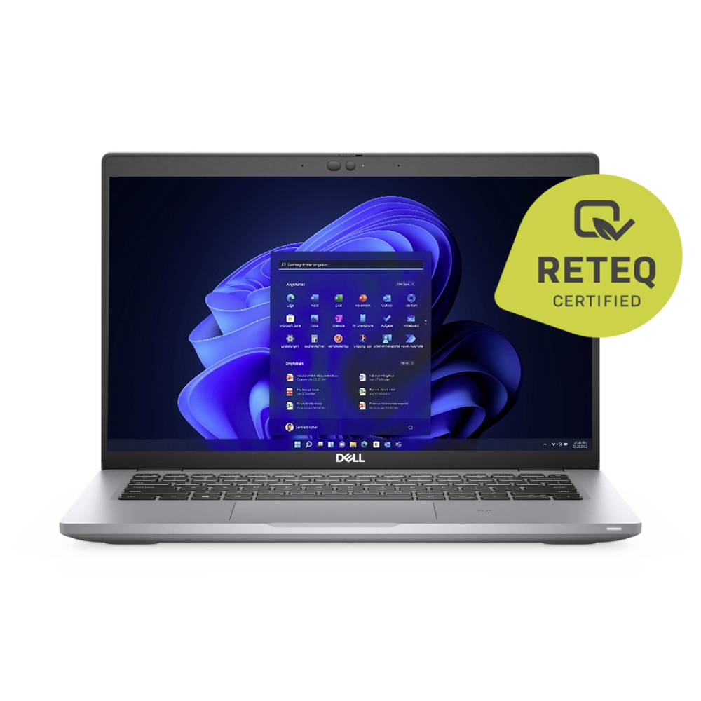 Un ordinateur portable Dell affichant un fond d'écran bleu abstrait avec un badge « RETEQ Certified » dans le coin supérieur droit.