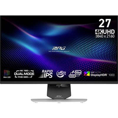 Un écran de moniteur MSI 27 pouces avec les spécifications suivantes : 4K UHD (3840 x 2160), Mini LED, Rapid IPS, 0,5 ms GtG, DisplayHDR 1000, 98 W de puissance.