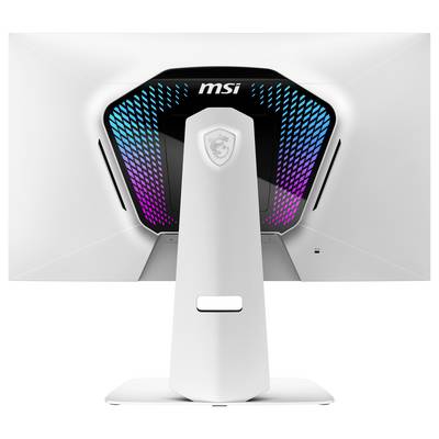 « Un moniteur de jeu MSI blanc vu de l'arrière, présentant des lumières LED multicolores et un pied portant le logo MSI. »