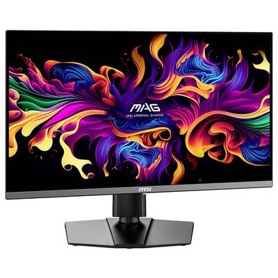 Moniteur de jeu MSI avec un design abstrait coloré à l'écran, présentant des tourbillons vibrants de violet, d'orange et de vert.
