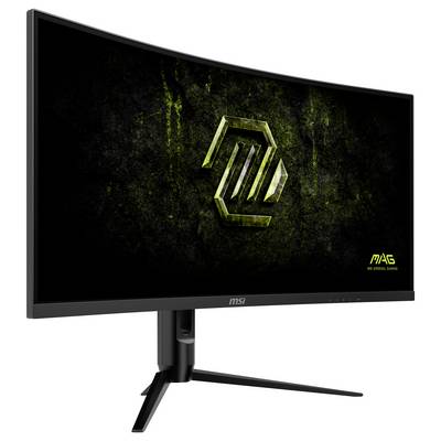 Moniteur incurvé MSI avec un design d'écran vert et noir, présentant un symbole futuriste et les lettres « MAG » dans le coin inférieur droit.