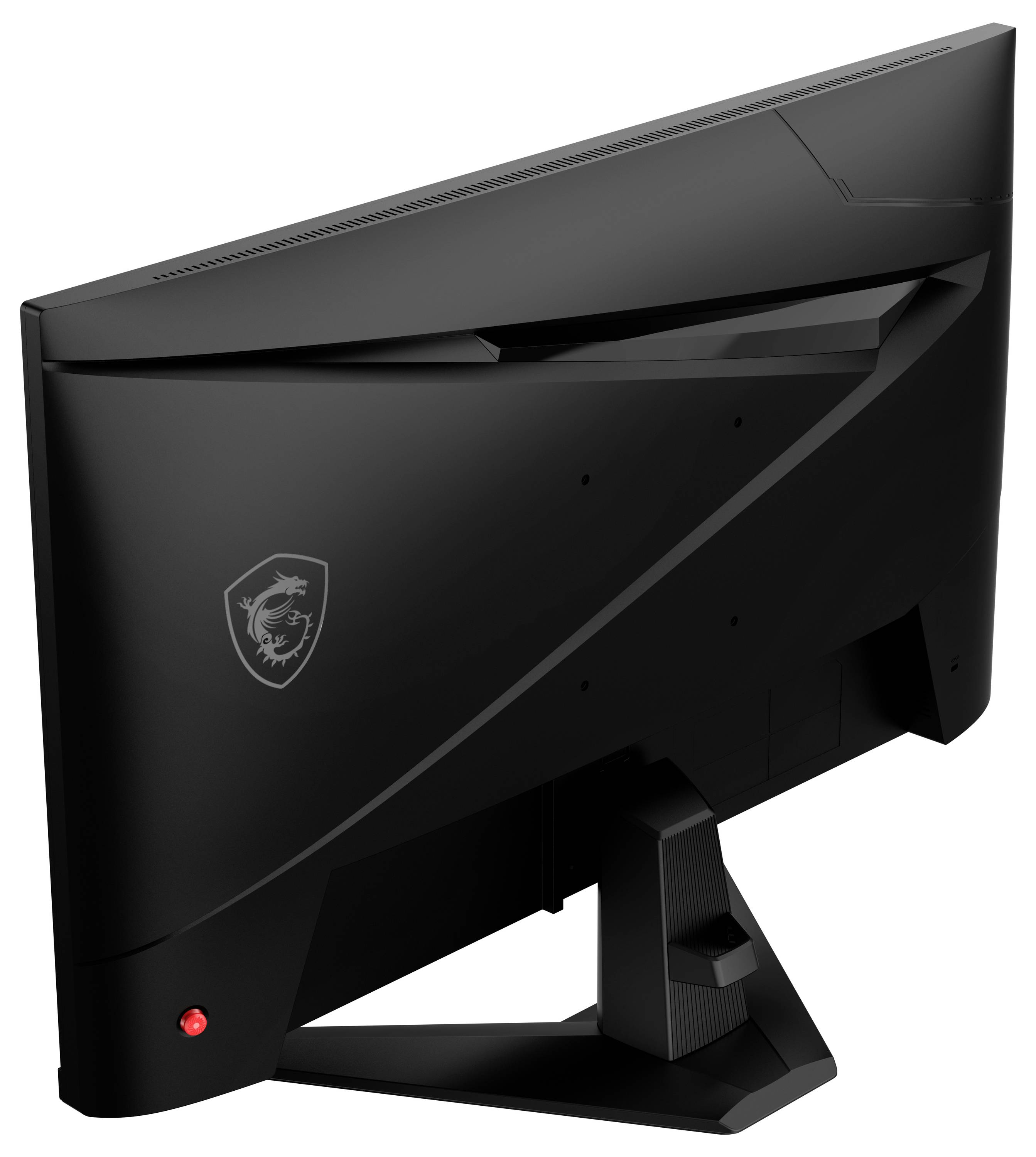 Un élégant moniteur d'ordinateur noir vu de l'arrière, présentant un logo de dragon stylisé et un indicateur d'alimentation LED rouge en bas à gauche.