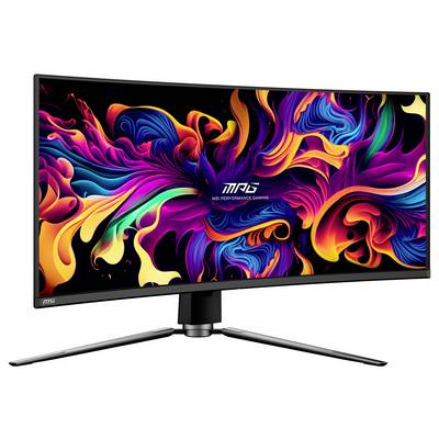 Un moniteur d'ordinateur incurvé affichant un design abstrait vibrant avec des couleurs tourbillonnantes et le texte « MSI Performance Gaming ».