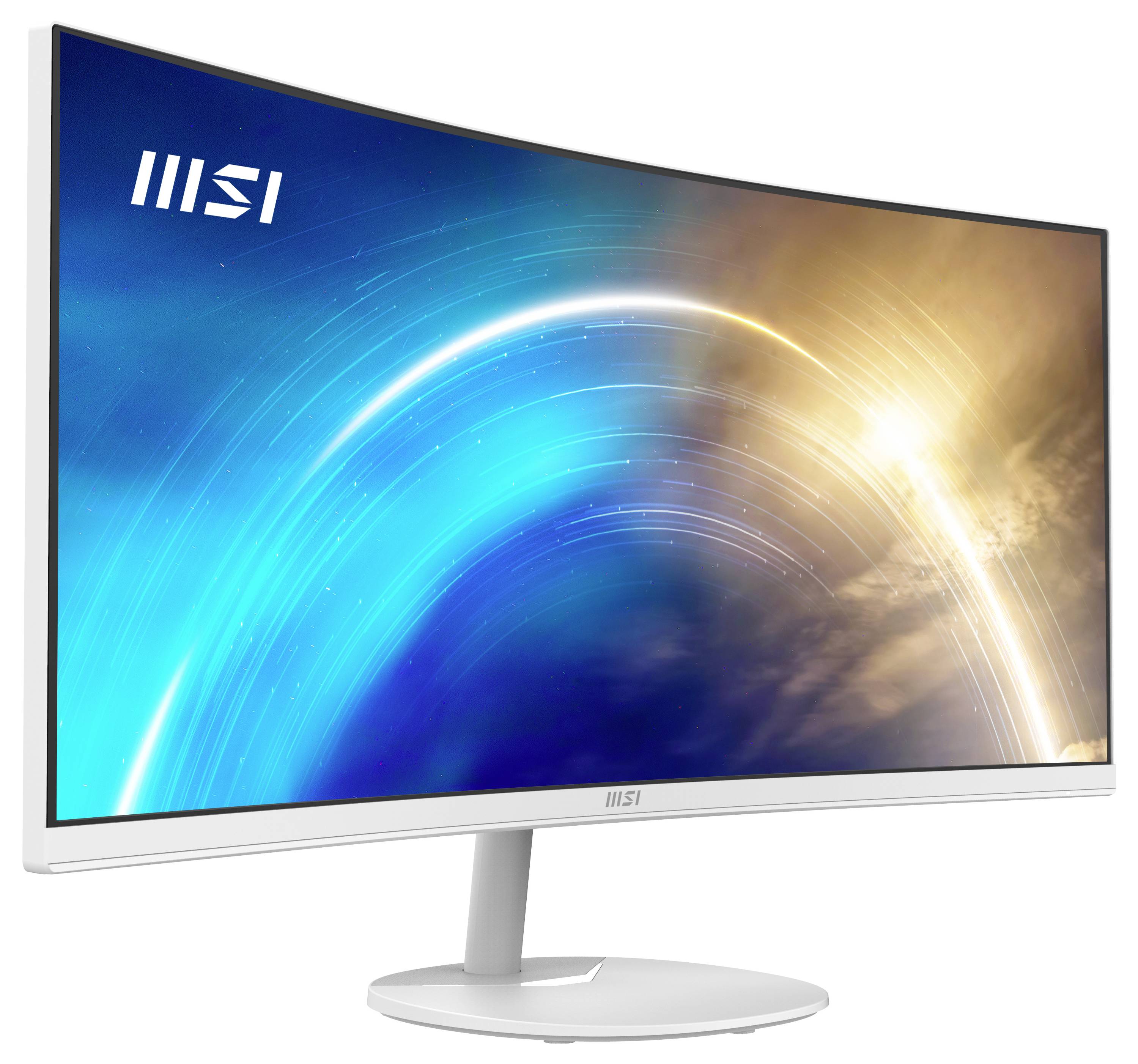 Moniteur MSI incurvé affichant un tourbillon de lumière bleu et orange dynamique à l'écran, suggérant un thème numérique futuriste ou vibrant.