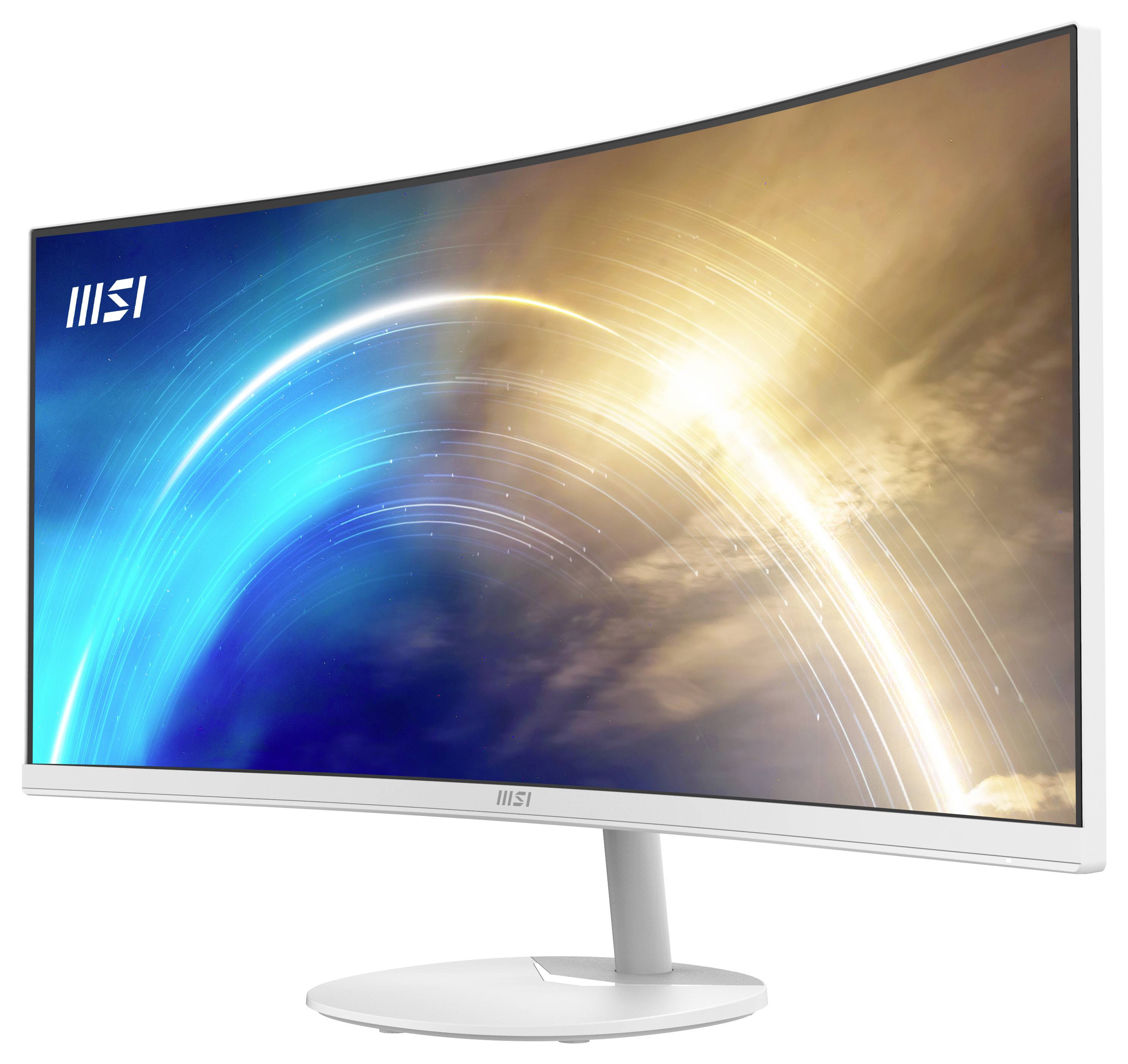 Moniteur informatique incurvé avec image de trainée lumineuse sur l'écran, affichant le logo MSI en haut à gauche.