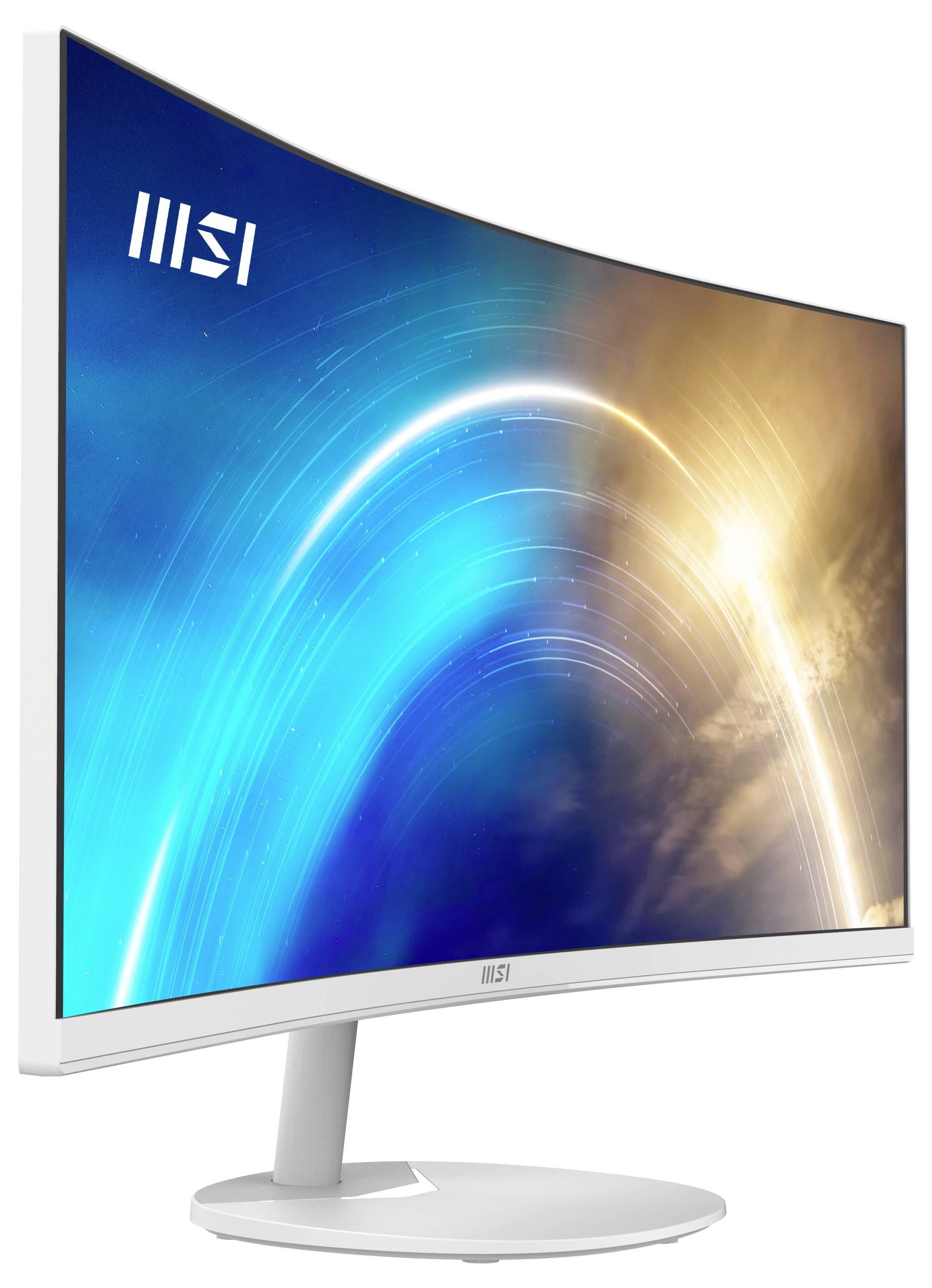 Un moniteur blanc épuré aux courbes élancées affichant des traînées de lumière bleues et orange vibrants sur l'écran, avec le logo de la marque dans le coin supérieur gauche.