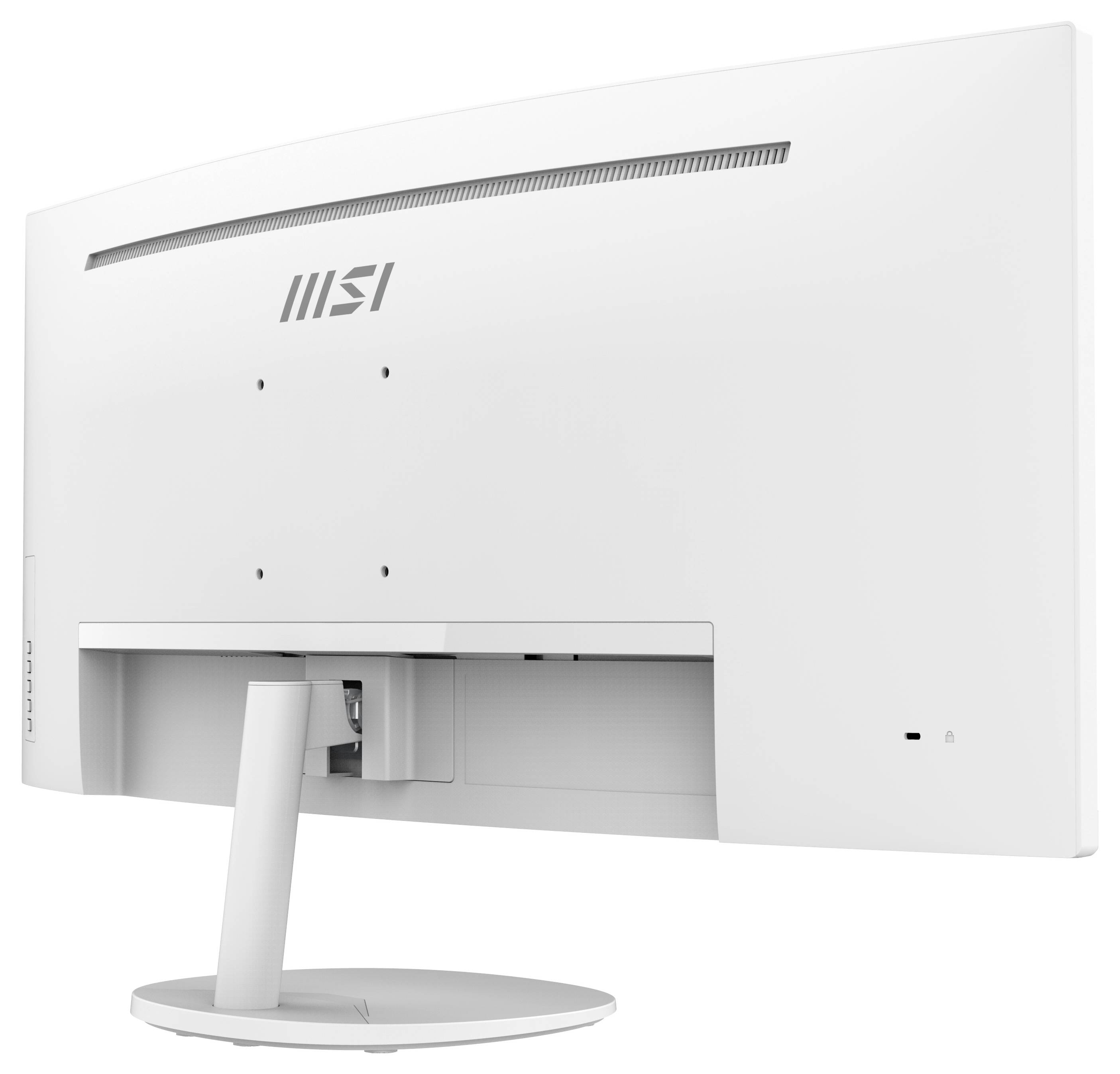 Un moniteur d'ordinateur MSI blanc incurvé vu de l'arrière, mettant en avant son support et ses ports, sur un fond neutre.