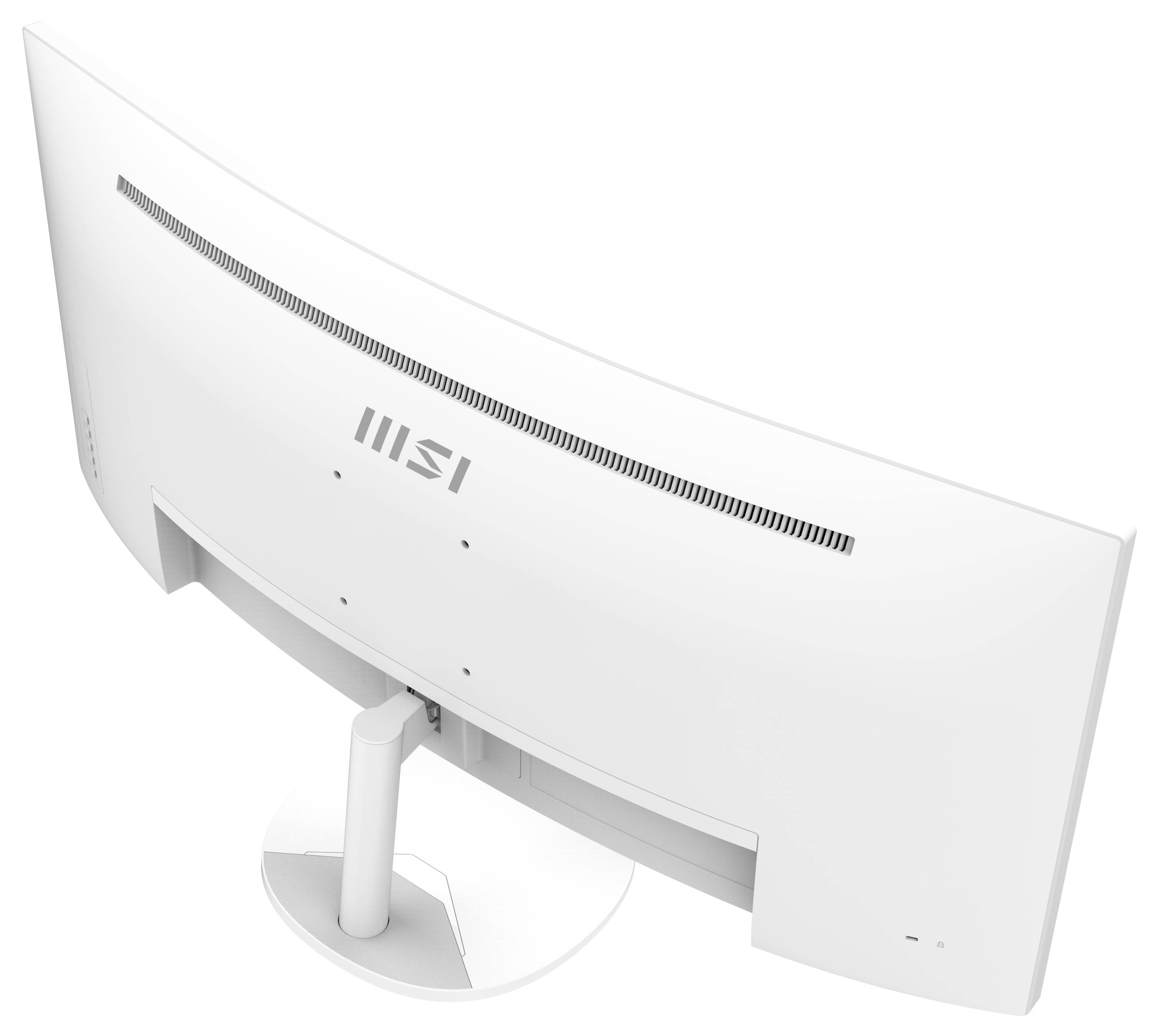 Un moniteur blanc incurvé vu de l'arrière, montrant la conception des évents et l'attache du support, suggérant une esthétique moderne et épurée.