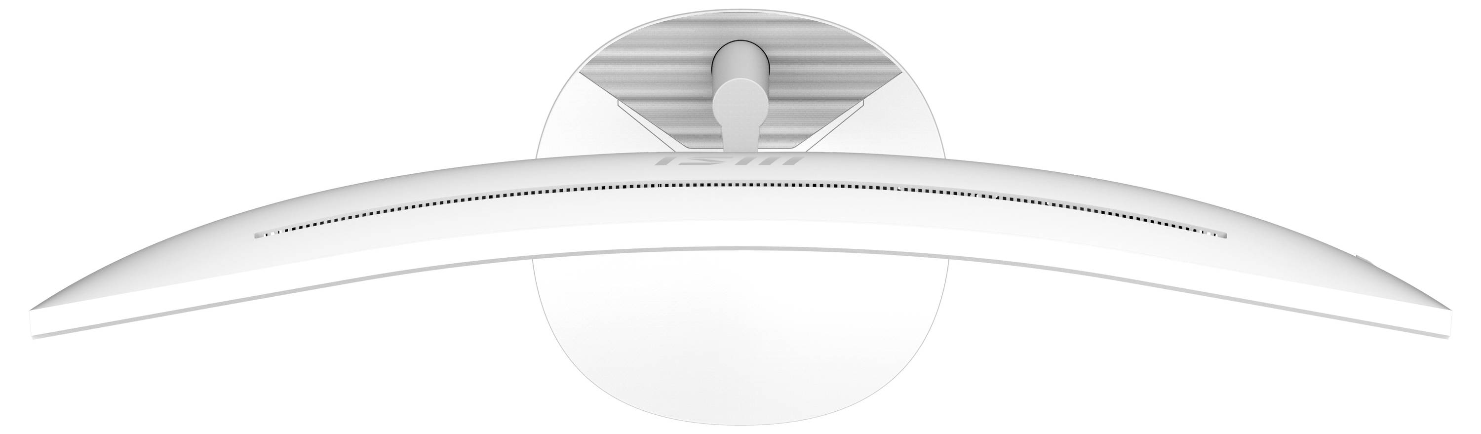 Vue de dessus d'un moniteur informatique blanc et incurvé mettant en avant son design épuré et son motif de ventilation supérieur, monté sur une base ronde.
