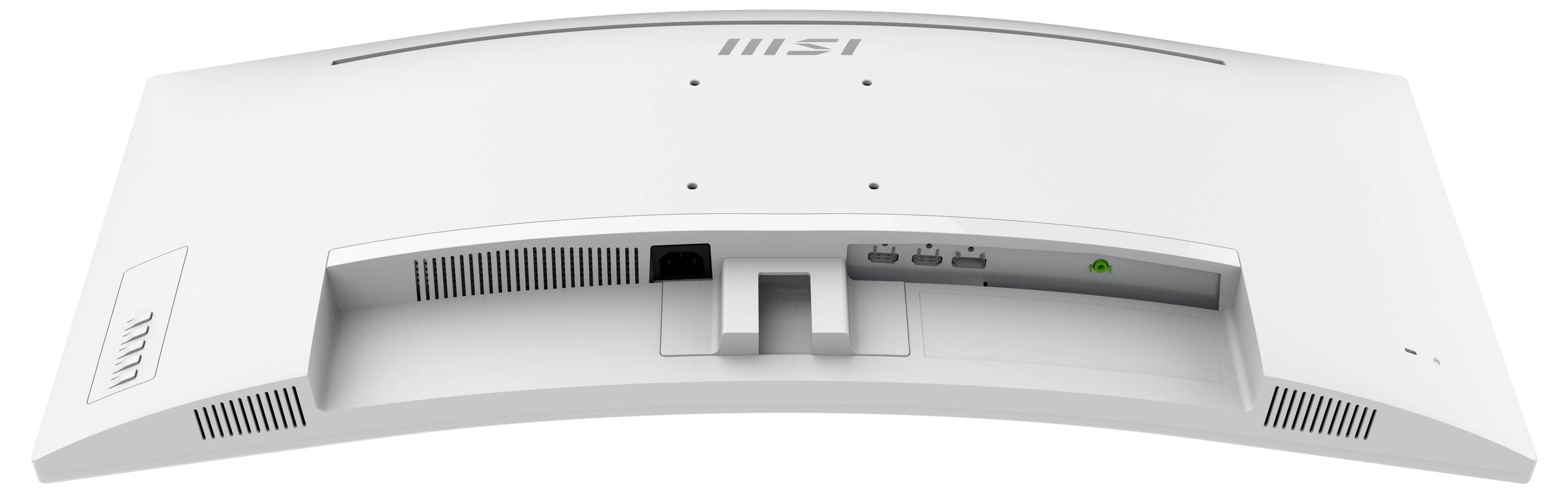 L'image montre la vue arrière d'un moniteur MSI blanc au design courbe, affichant des aérations, des ports et des trous de montage.