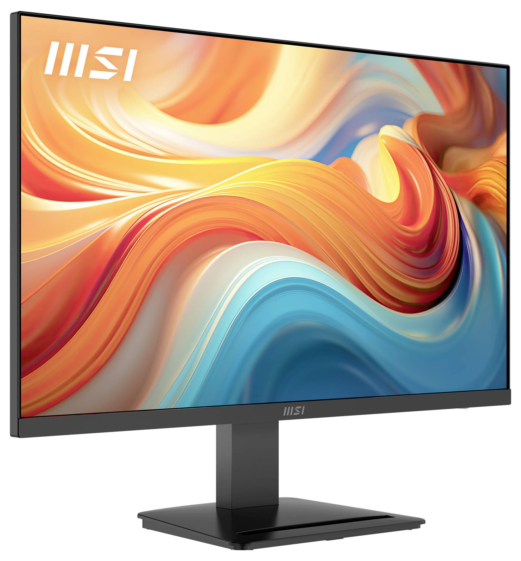 Un moniteur d'ordinateur affichant des motifs abstraits vibrants et tourbillonnants en orange et bleu sur son écran, avec le logo « MSI » dans le coin supérieur gauche.