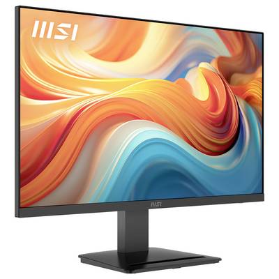 Un moniteur d'ordinateur affichant des motifs abstraits vibrants et tourbillonnants en orange et bleu sur son écran, avec le logo « MSI » dans le coin supérieur gauche.