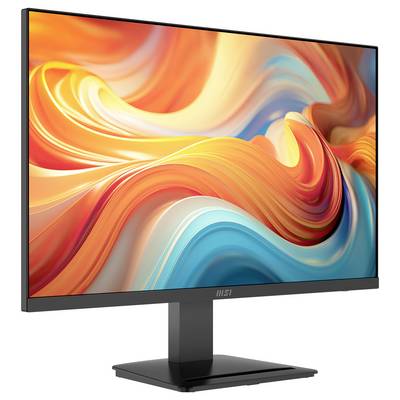 Un moniteur informatique élégant et moderne affichant un tourbillon abstrait vibrant de couleurs orange, jaune et bleu. L'écran bord à bord crée un look harmonieux et fluide.